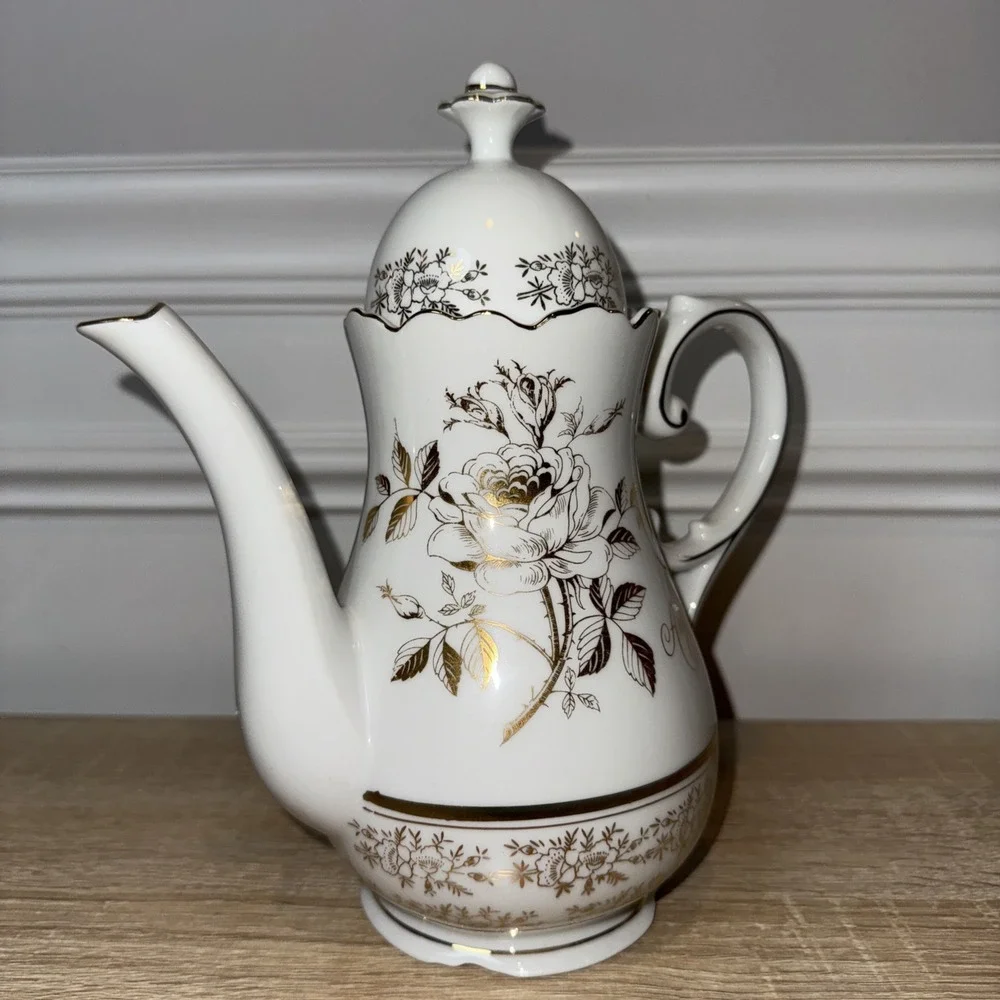 VTG 25Th Anniversary Tea Coffee Pot‎ AB-190 Norcrest Chatillon White Gold Japan